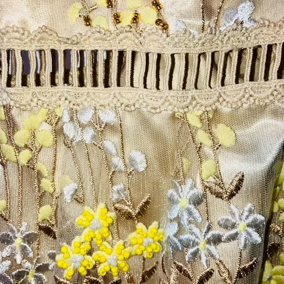 AQUA Gold Yellow Beaded Embroidered Maxi 3D Prom Dress Gown Wedding Guest Glam L - Picture 10 of 12